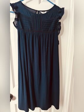 Crown & Ivy- Navy Dress with flutter sleeves & Pom-pom details